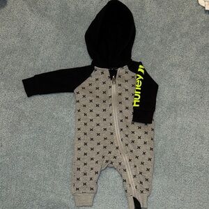 Hurley Black and Gray Newborn sweatsuit one piece with neon logo